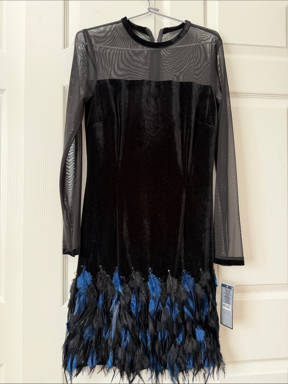 Black Velvet Long-Sleeve Dress with Feather Hem by TAHARI